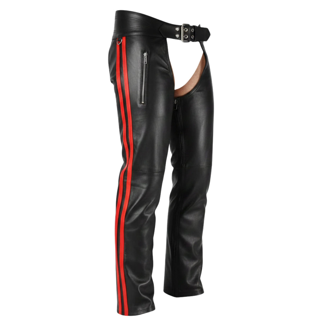 Front view black leather biker chaps red stripe design
