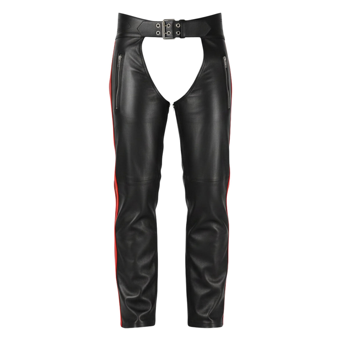 Front view black leather biker chaps red stripe design