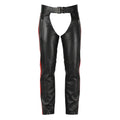 Front view black leather biker chaps red stripe design