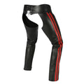 Close side detail zipper pocket red stripe chaps