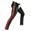 Angled view leather chaps with dual red side stripes