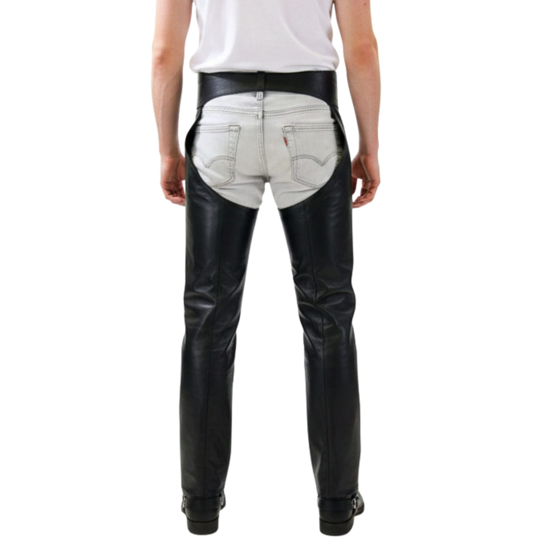 Front view heavy duty black leather chaps with belt