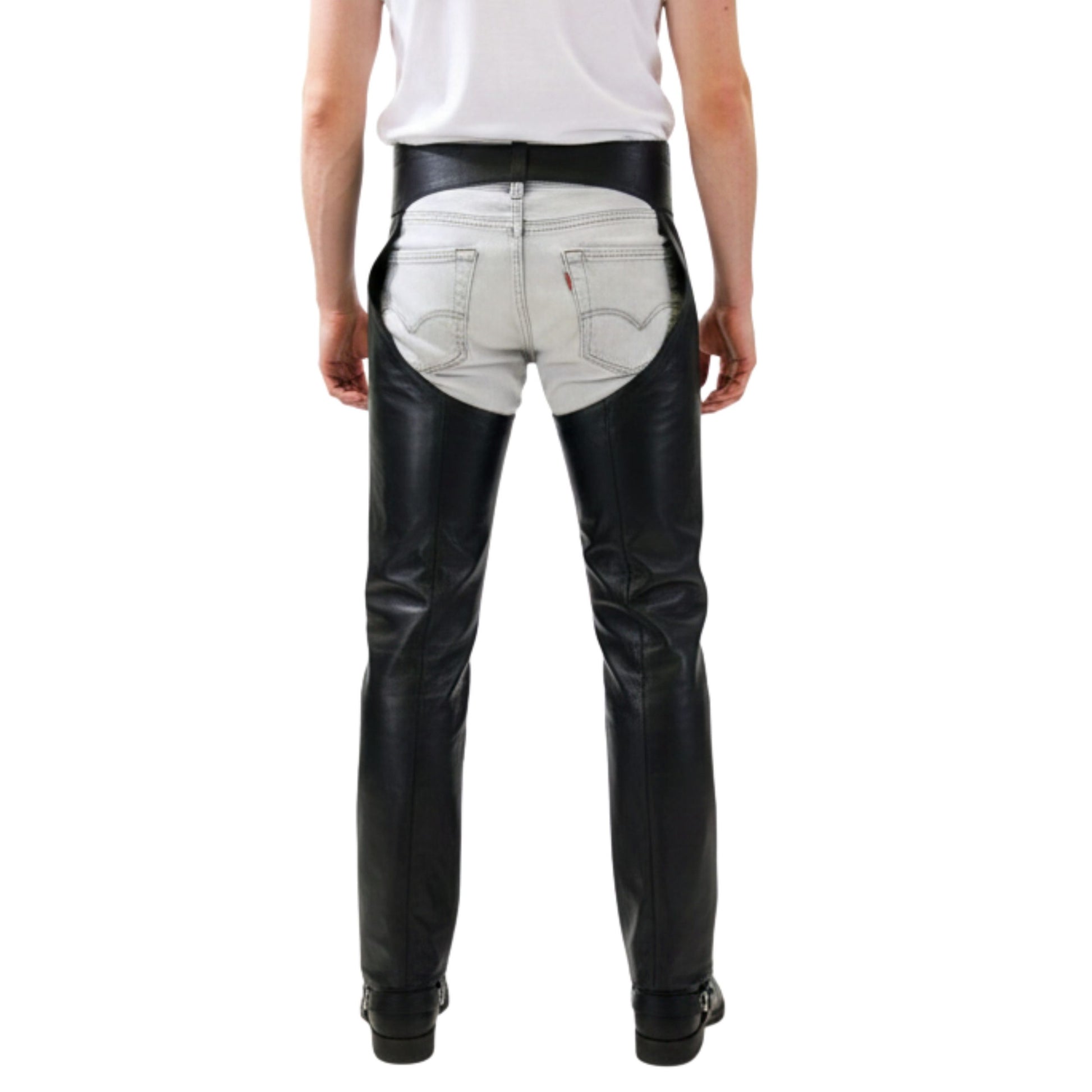 Mens black leather chaps back view western style