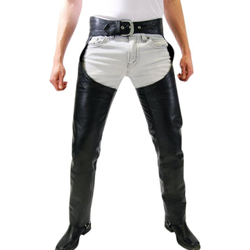 Front view heavy duty black leather chaps with belt
