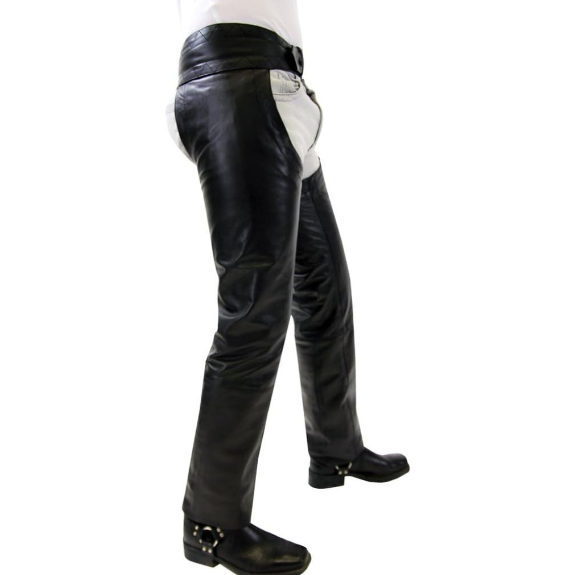 Side angle mens leather chaps riding fit