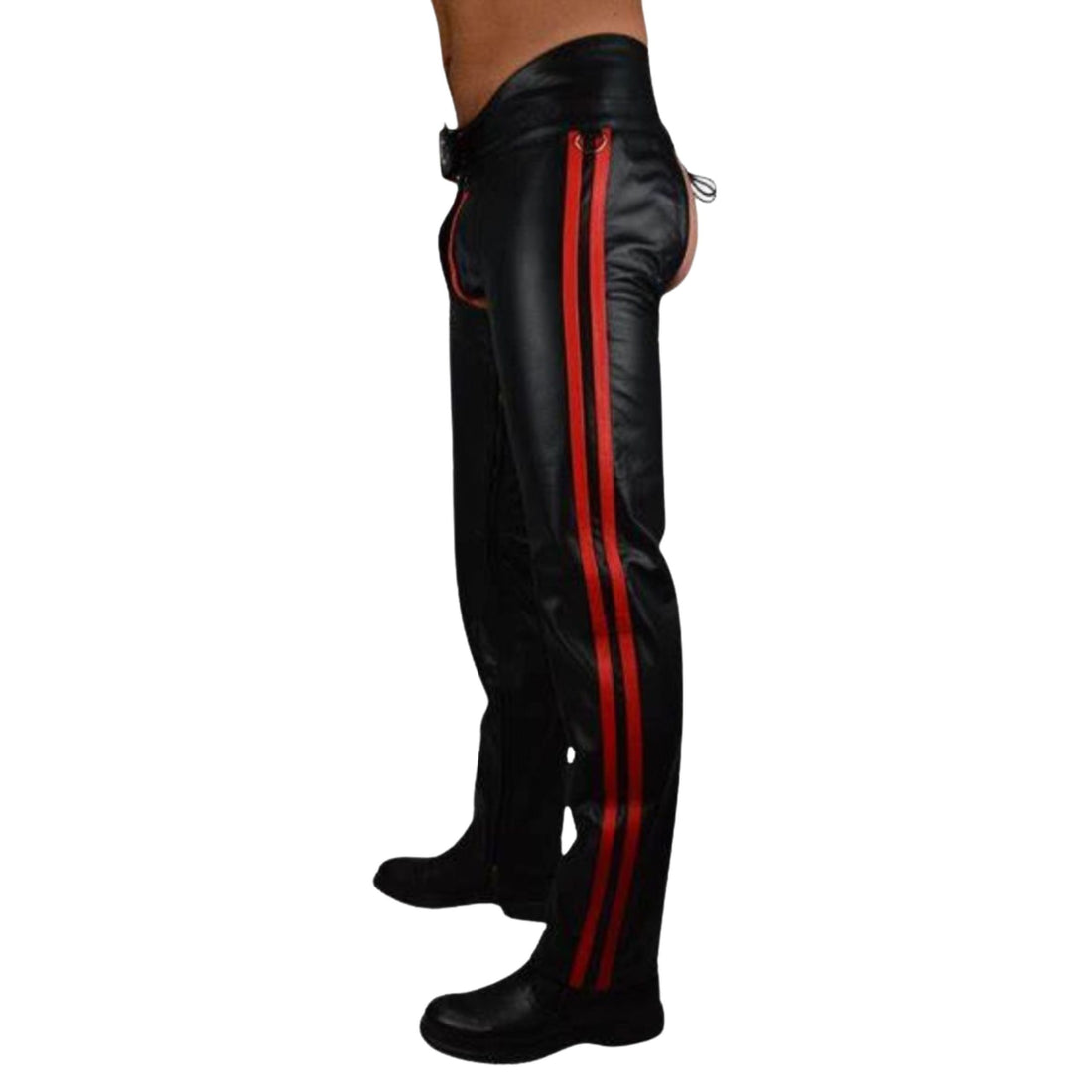 Front view black leather rodeo chaps with belt