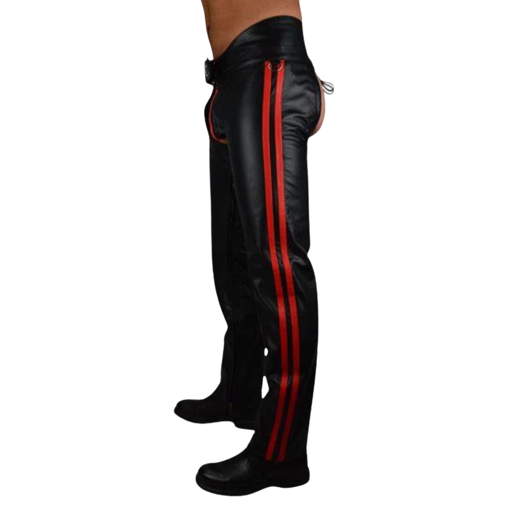 Mens black leather chaps red stripe side view rodeo fit