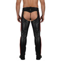 Back view leather chaps with red stripe detailing