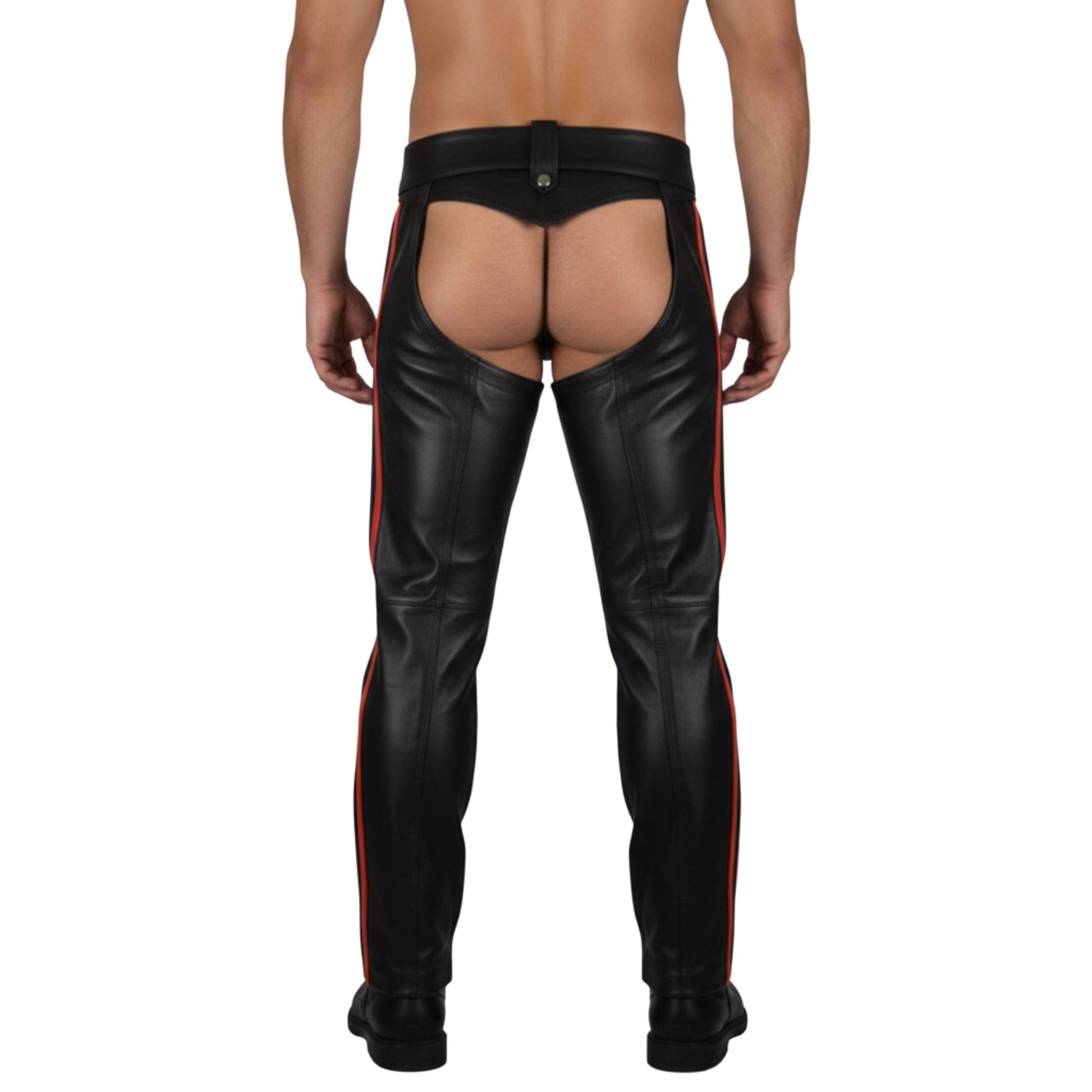 Back view leather chaps with red stripe detailing