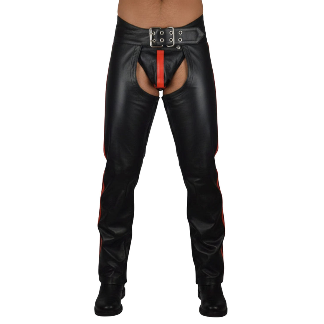 Front view black leather rodeo chaps with belt
