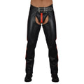 Front view black leather rodeo chaps with belt