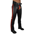 Angled view mens chaps red stripe biker style