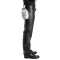 Mens black leather chaps side view classic rodeo fit
