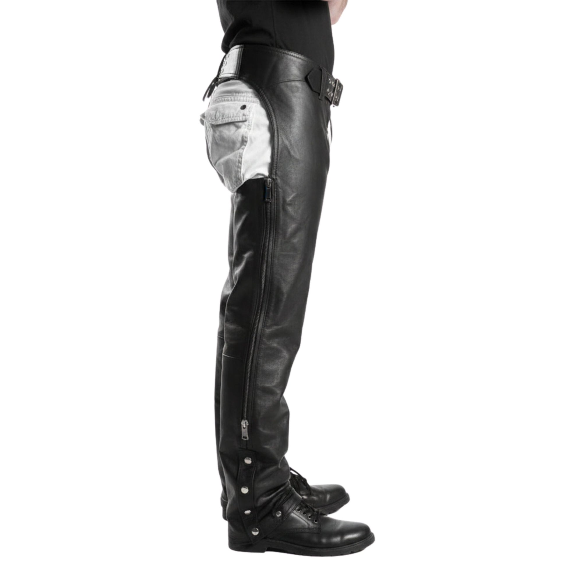 Mens black leather chaps side view classic rodeo fit