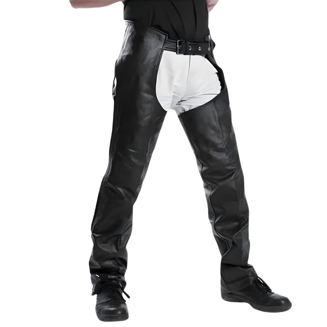 Front view black leather rodeo chaps with belt