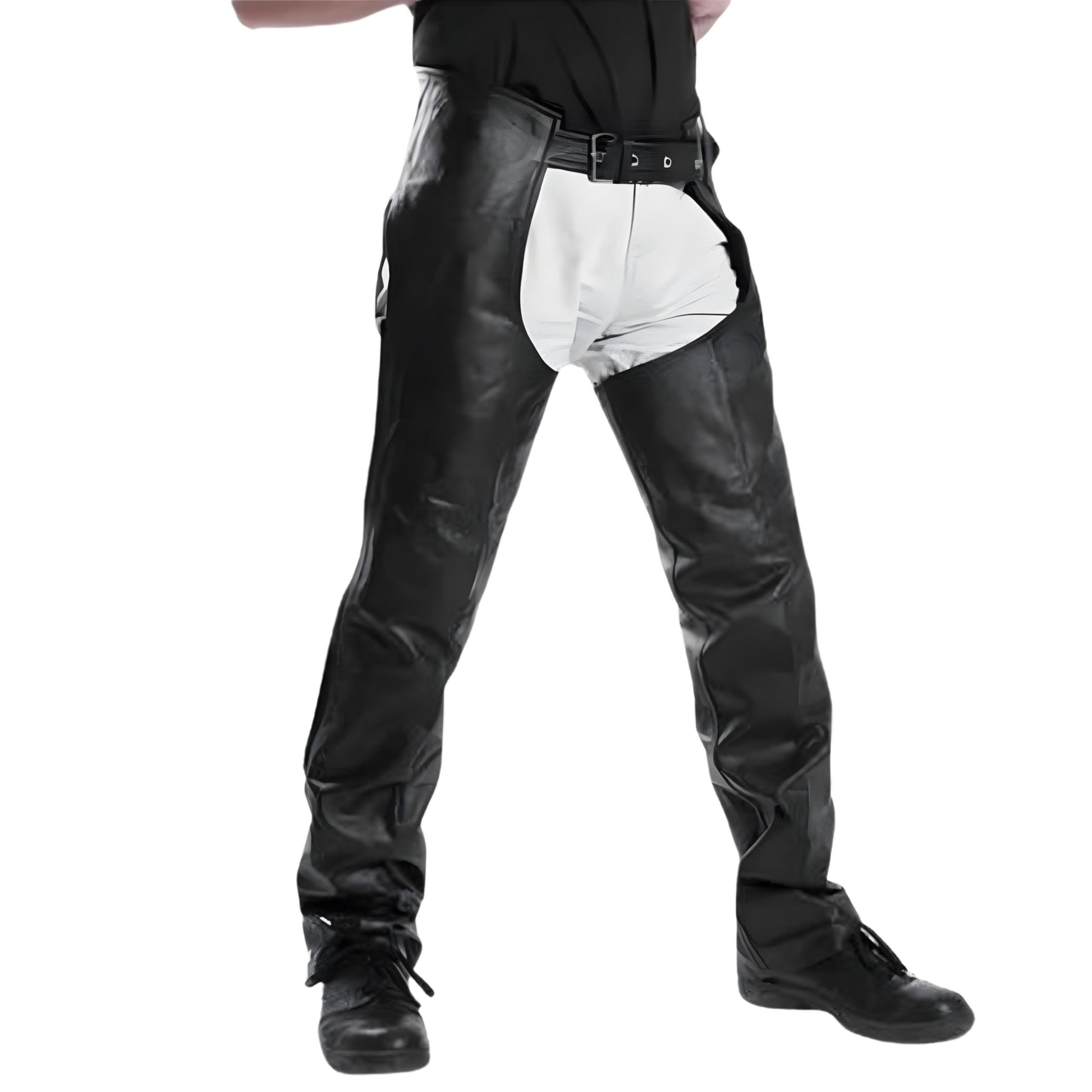 Angled view mens leather chaps western style