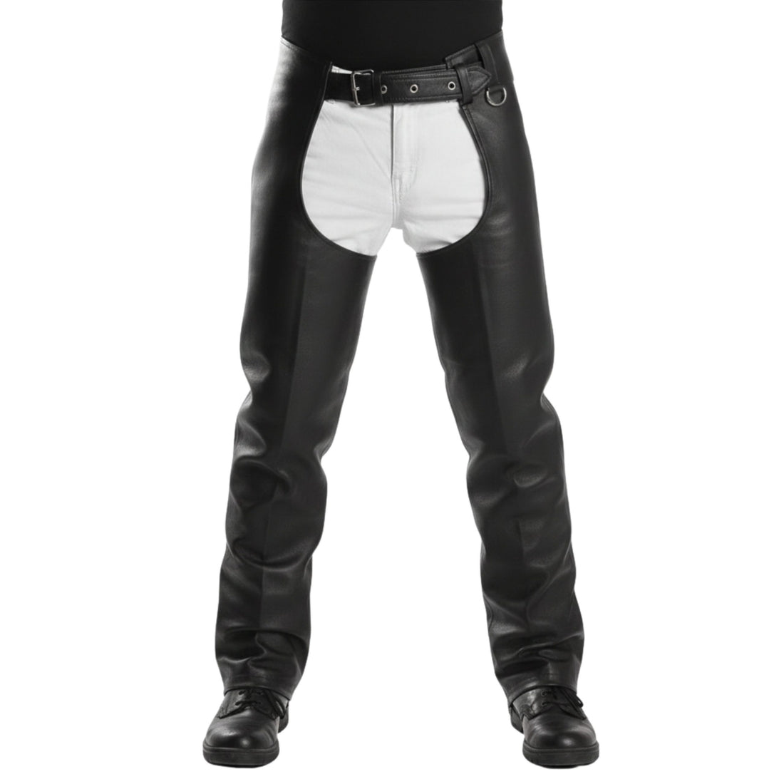 Front view black leather rodeo chaps with belt