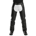 Front view black leather rodeo chaps with belt