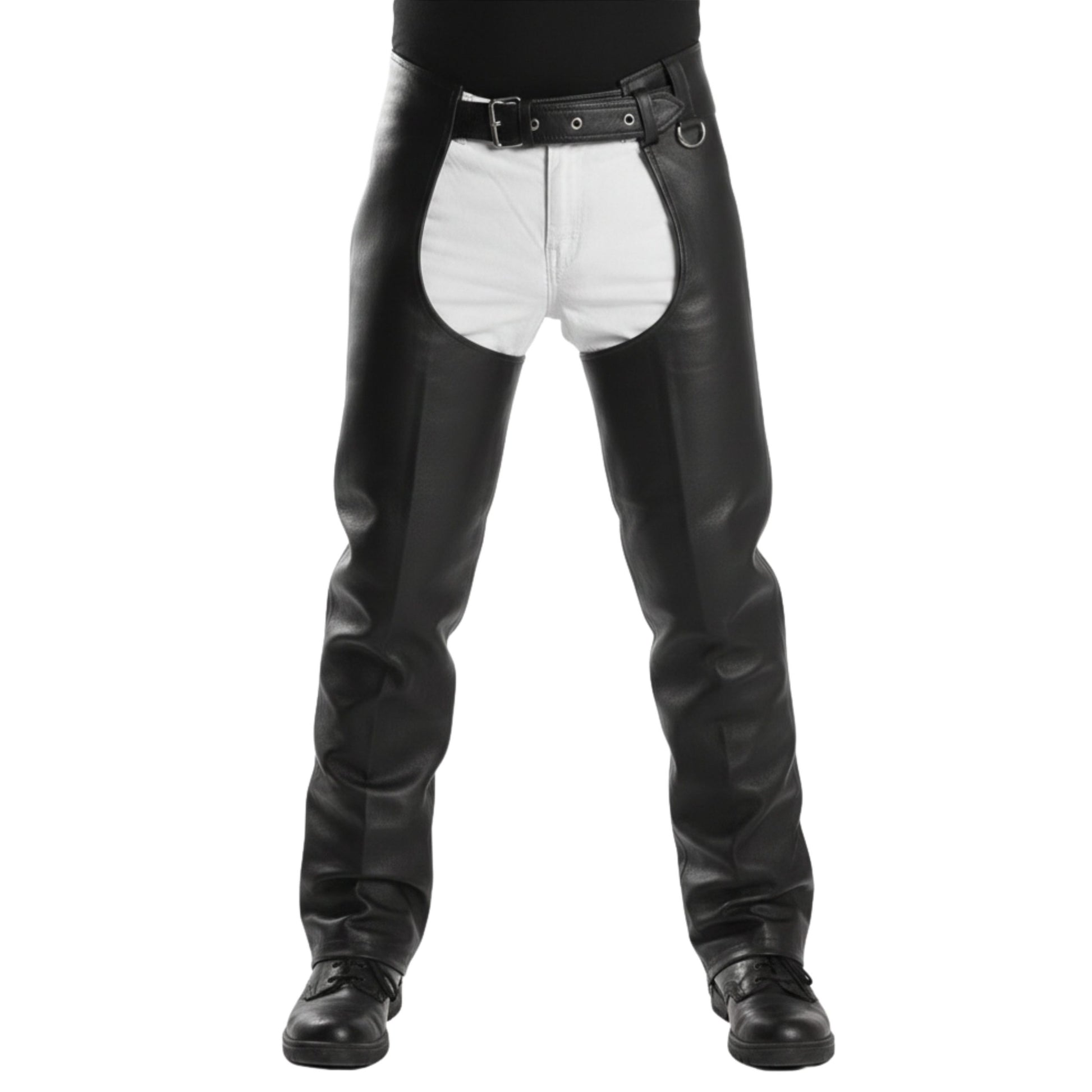Front view black leather rodeo chaps with belt