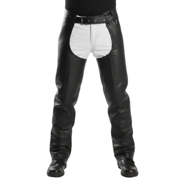 Front view black leather rodeo chaps with belt