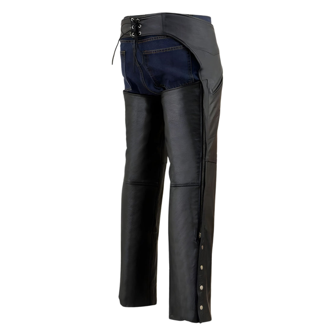 Front view black leather rodeo chaps with belt closure