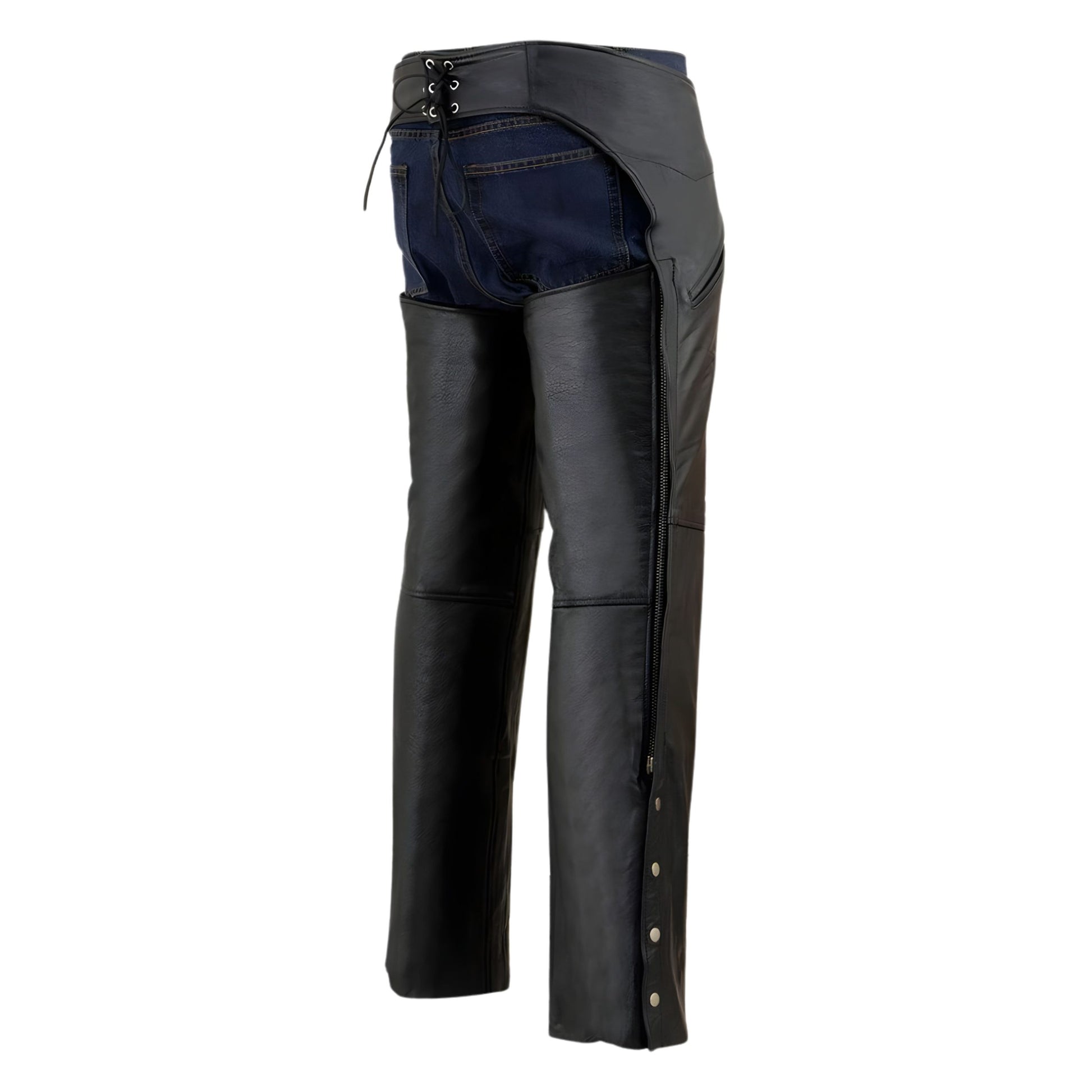 Side view black leather chaps with full length zipper