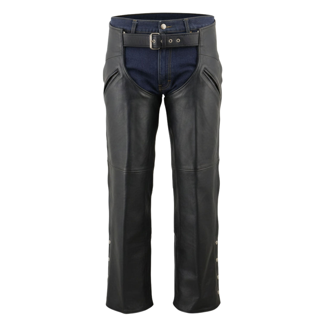Front view black leather rodeo chaps with belt closure