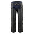 Front view black leather rodeo chaps with belt closure