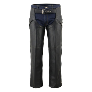 Front view black leather rodeo chaps with belt closure