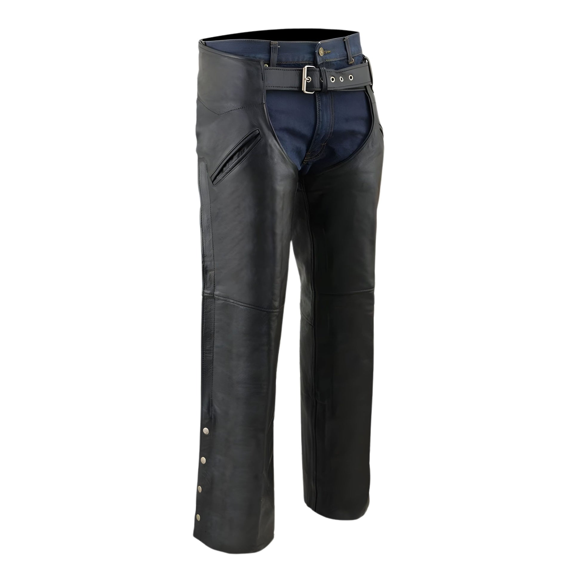 Angled view mens leather chaps ranch riding gear