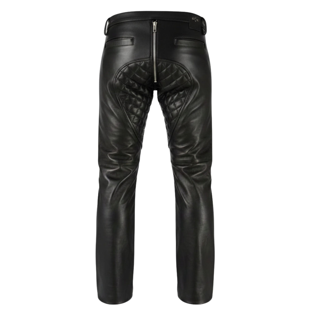 Front view quilted leather chaps with zipper closure
