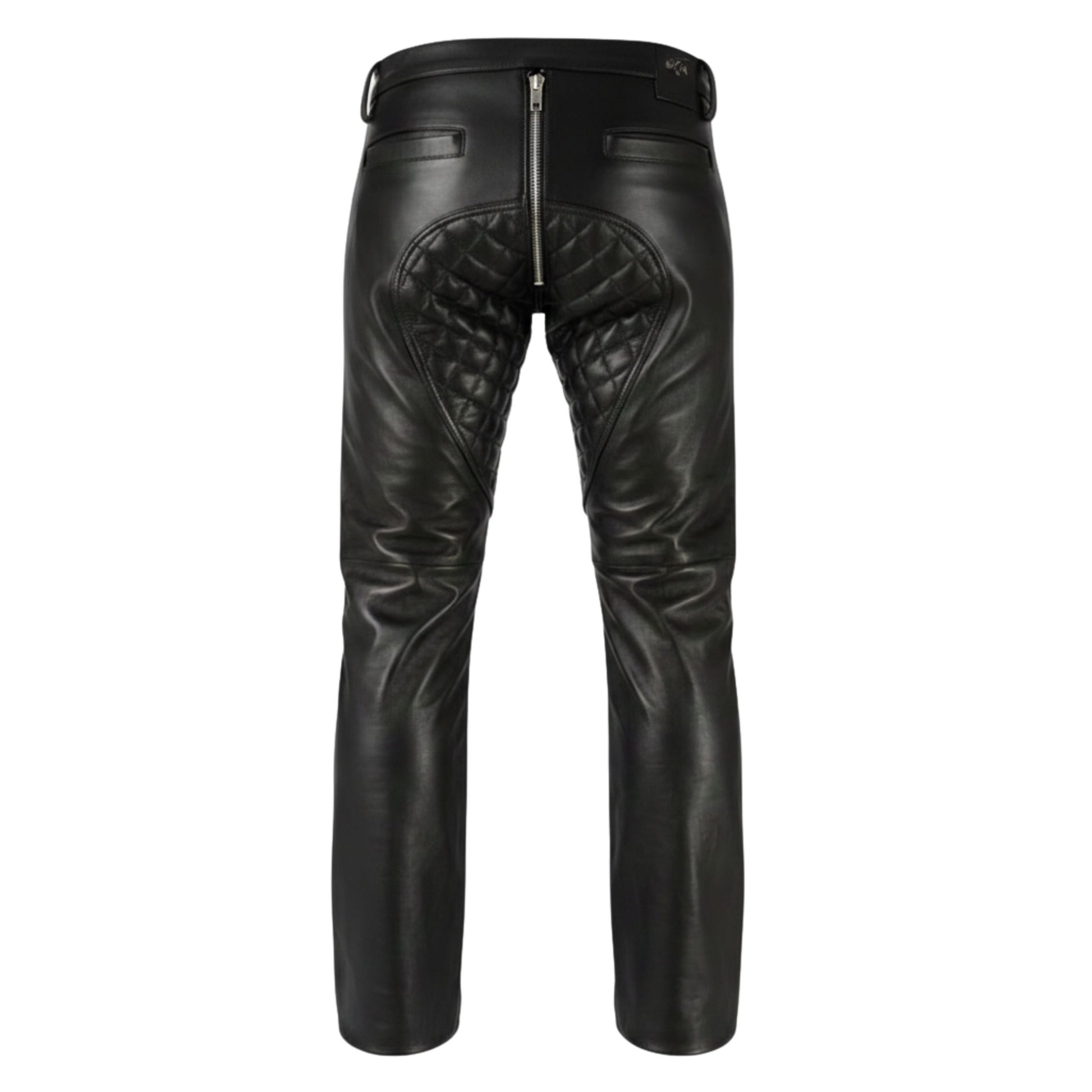 Mens black quilted leather chaps back view padded design