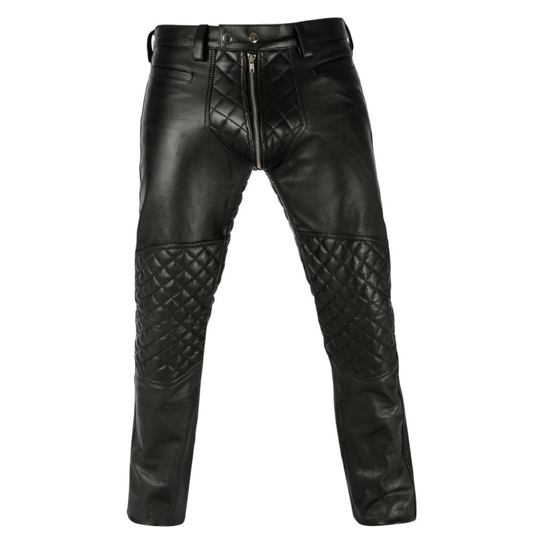 Front view quilted leather chaps with zipper closure