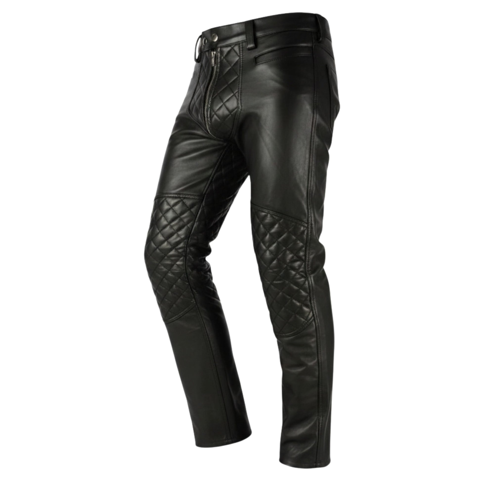 Side angle mens leather chaps quilted thigh panels