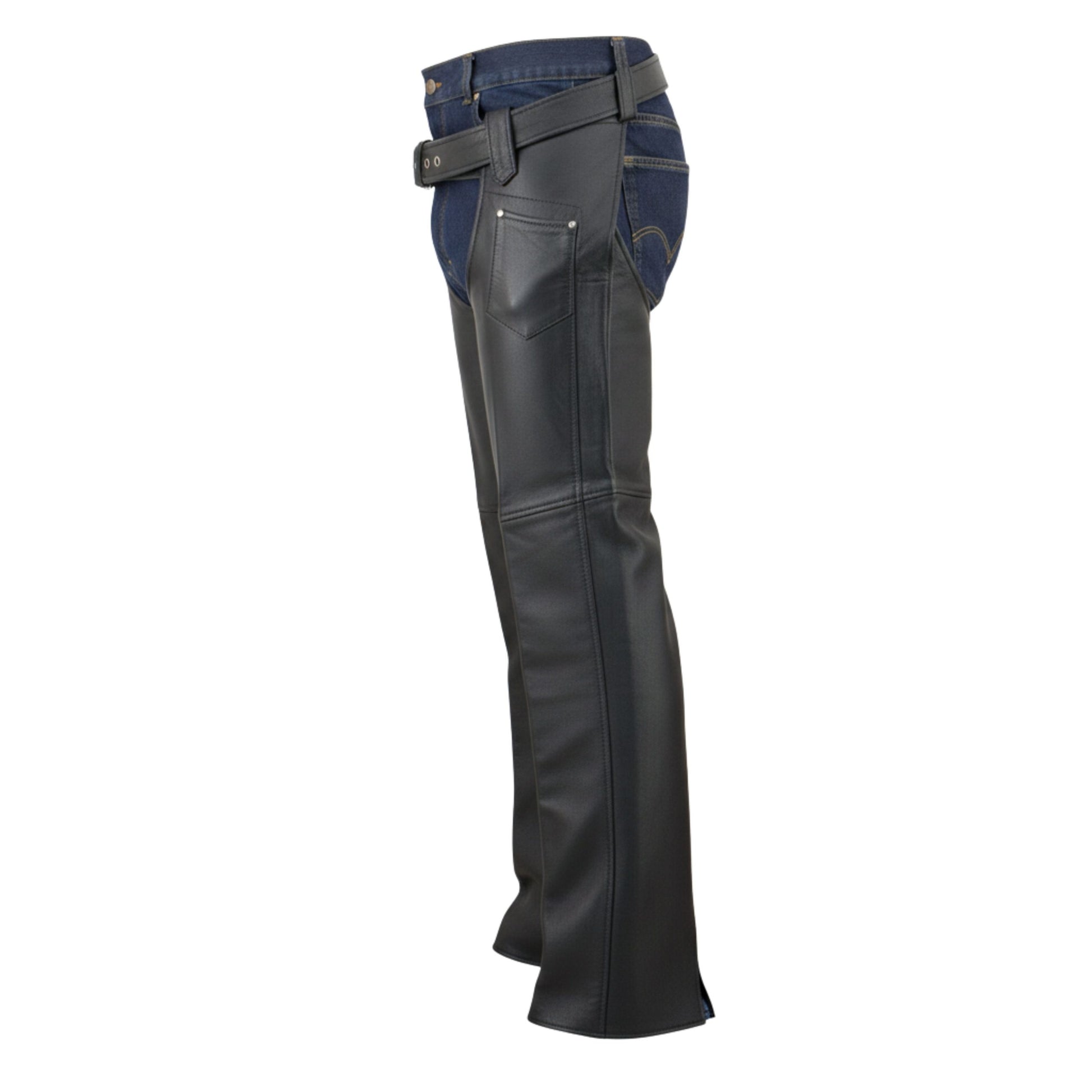 Mens black western leather chaps side view with pocket