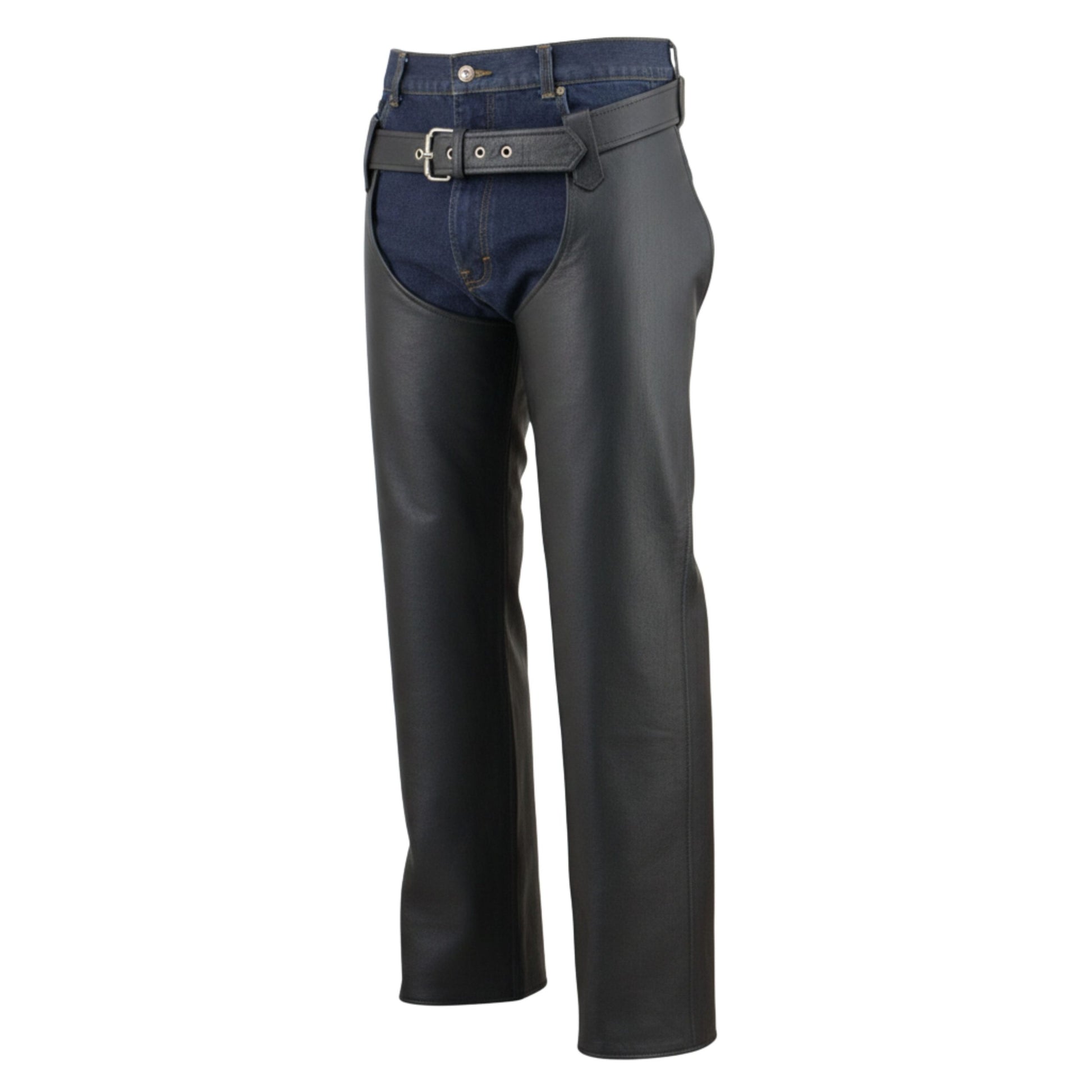 Mens leather chaps worn over jeans western style