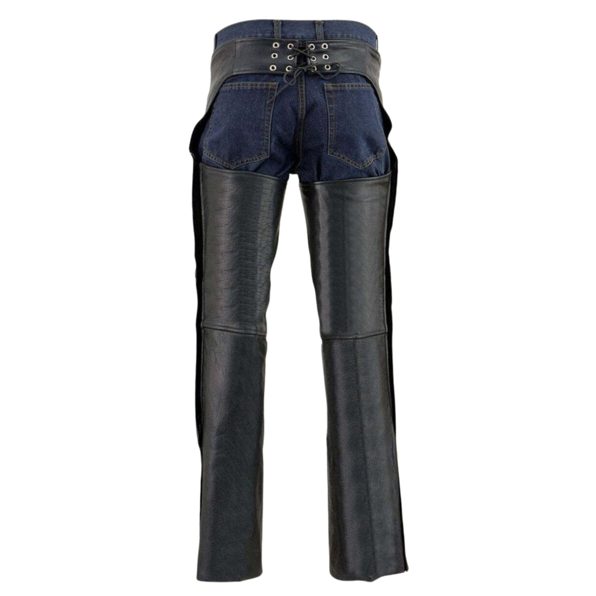 Back view western leather chaps with adjustable lace