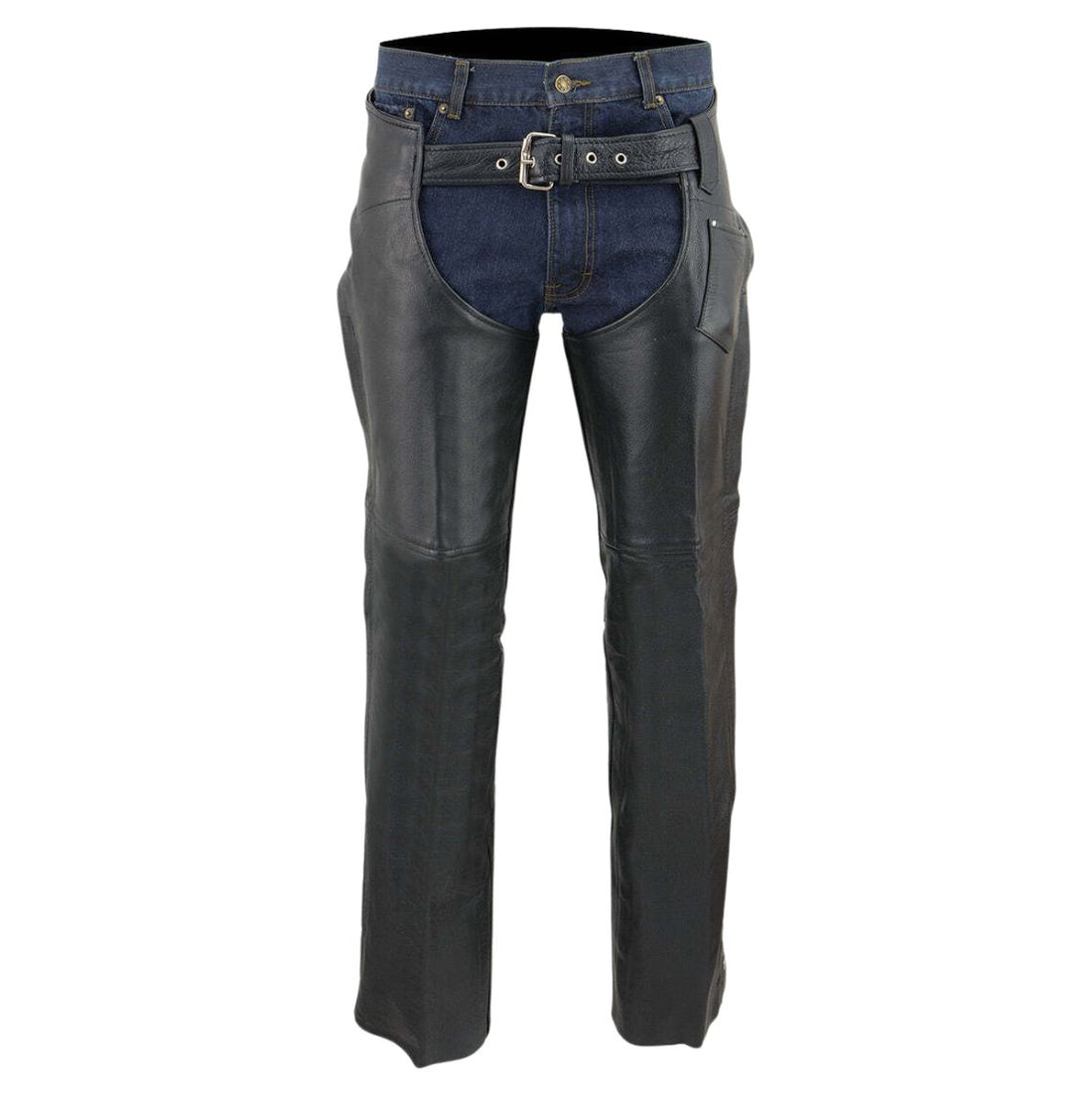 Front view mens leather chaps classic rodeo fit