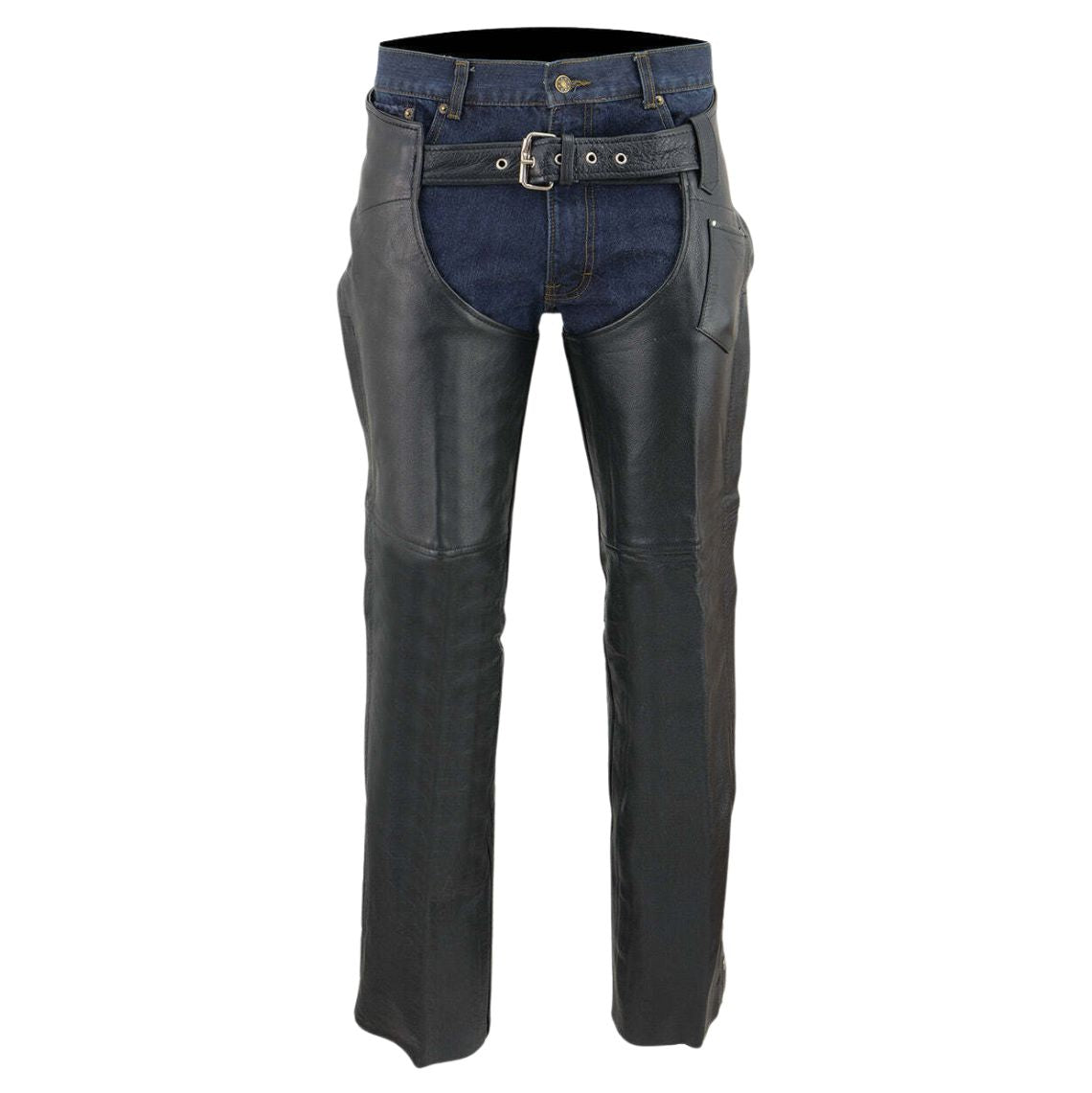 Front view mens leather chaps classic rodeo fit