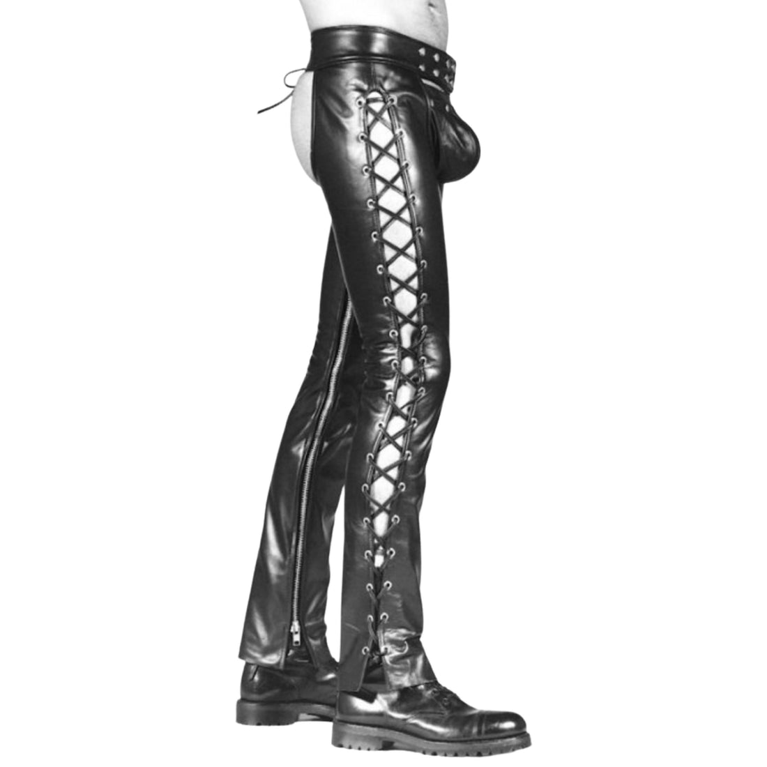 Front view lace-up leather chaps rugged ranch style