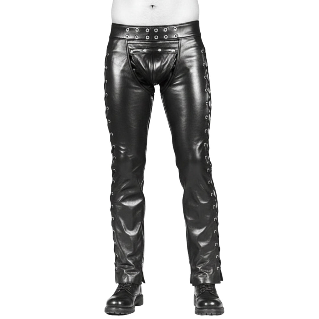 Front view lace-up leather chaps rugged ranch style