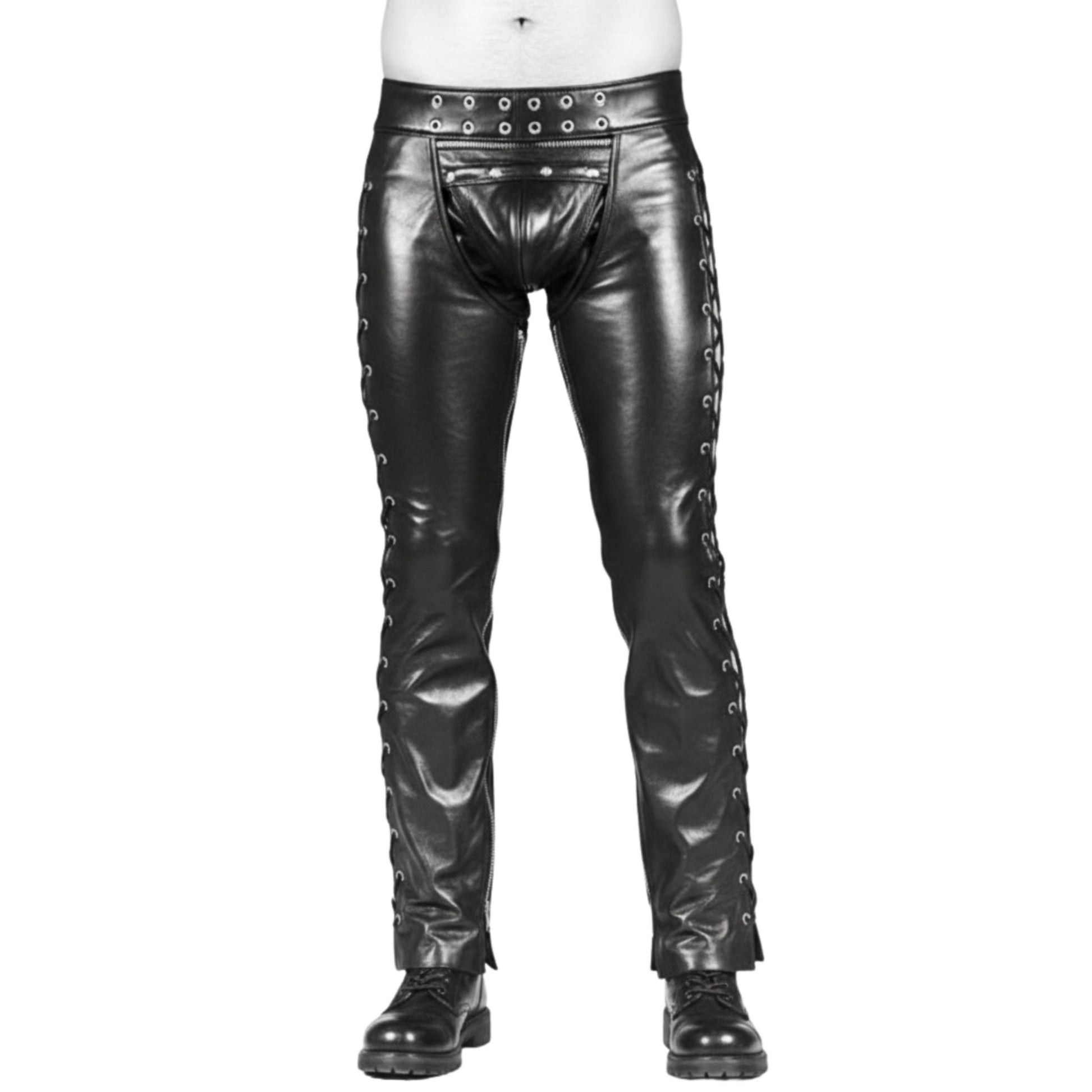 Front view lace-up leather chaps rugged ranch style