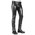 Angled view mens leather chaps with zipper closure