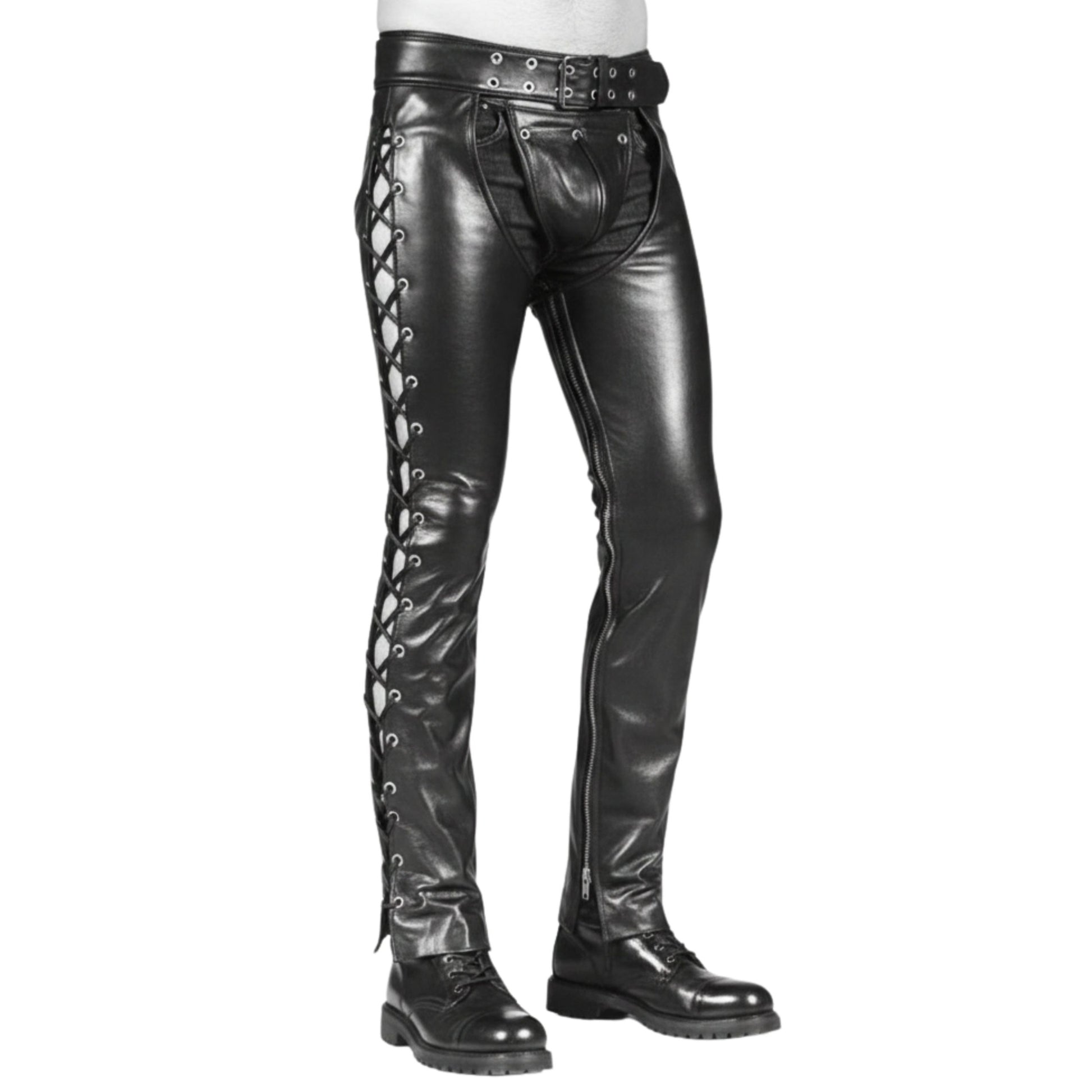 Angled view mens leather chaps with zipper closure