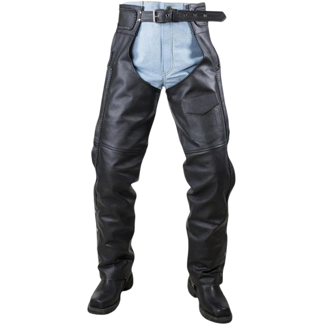 Mens black leather chaps with utility pocket front view