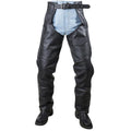 Mens black leather chaps with utility pocket front view