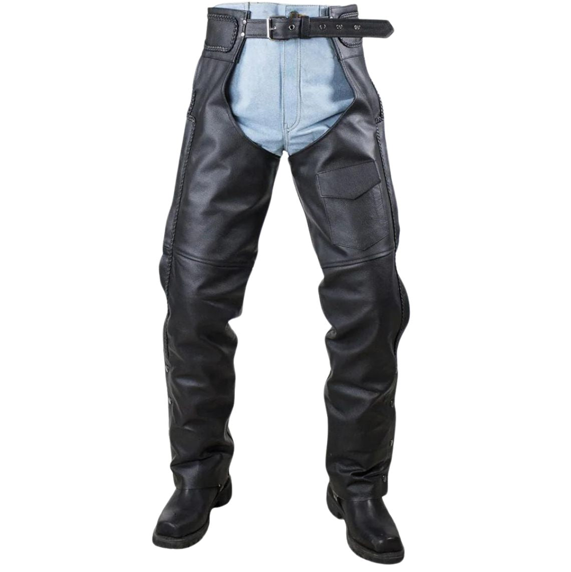 Mens black leather chaps with utility pocket front view