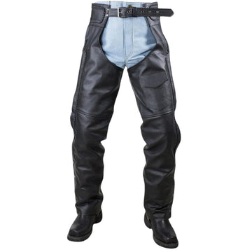 Mens black leather chaps with utility pocket front view