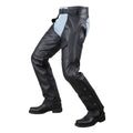 Side view leather chaps showing pocket and snap buttons