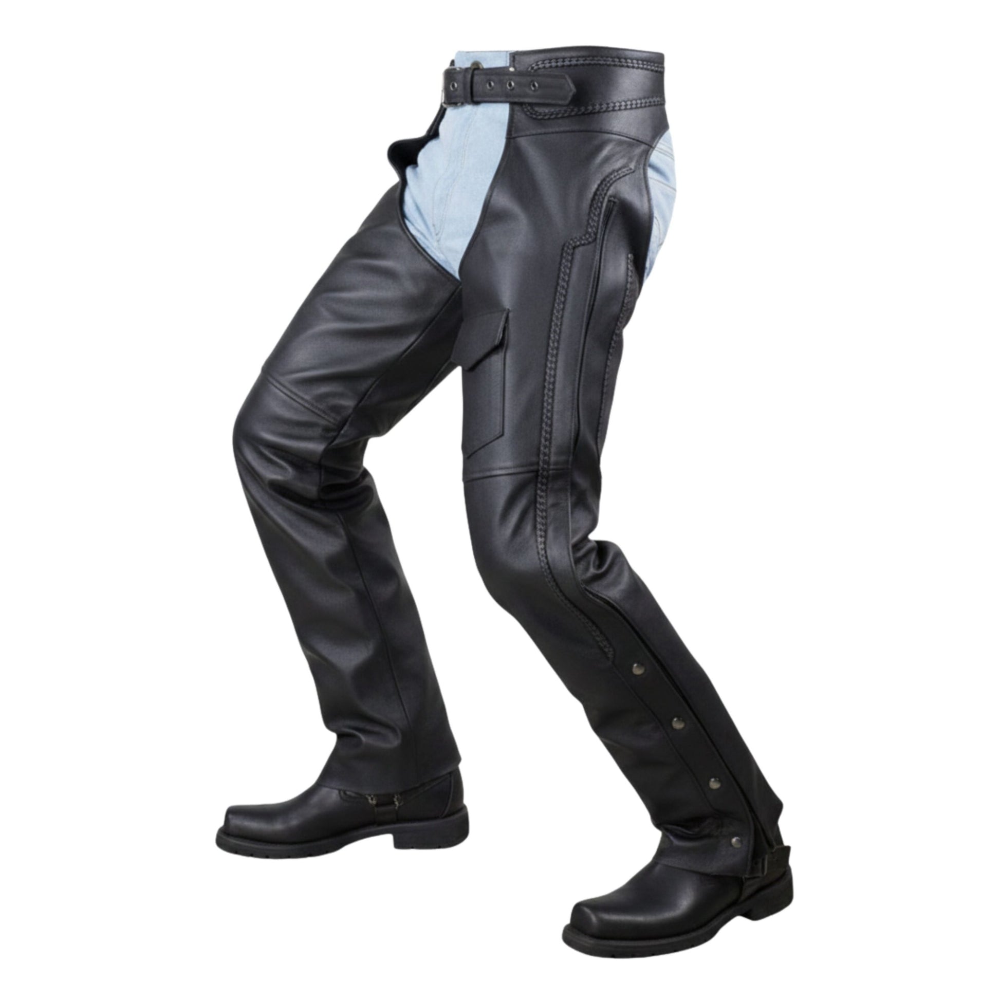 Side view leather chaps showing pocket and snap buttons